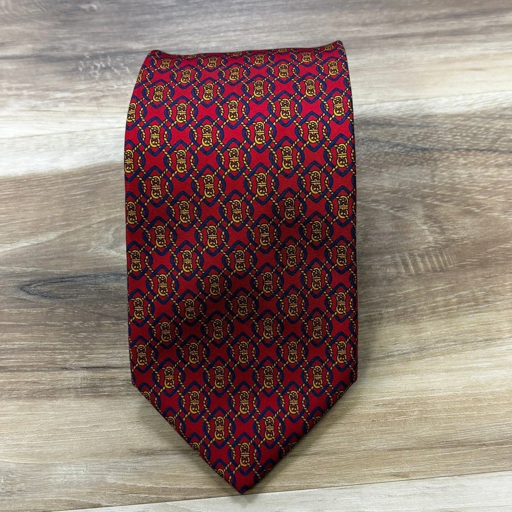 Brooks Brothers Makers Silk Tie OS Geometric Chain Crest Classic Red USA Vintage